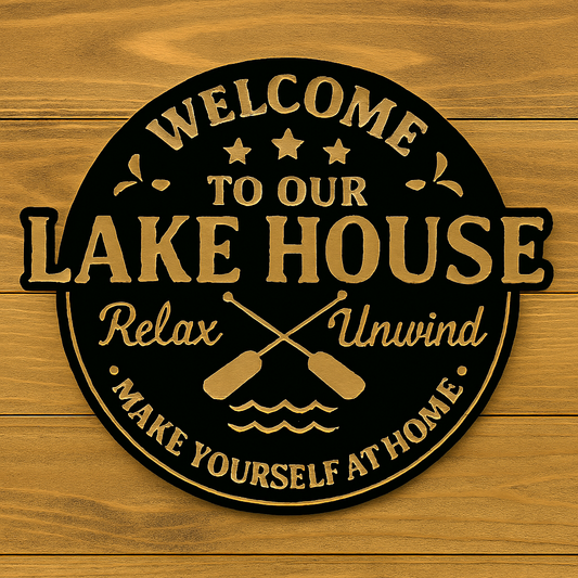 Decorative sign with 'Welcome to our Lake House' text on a wooden background