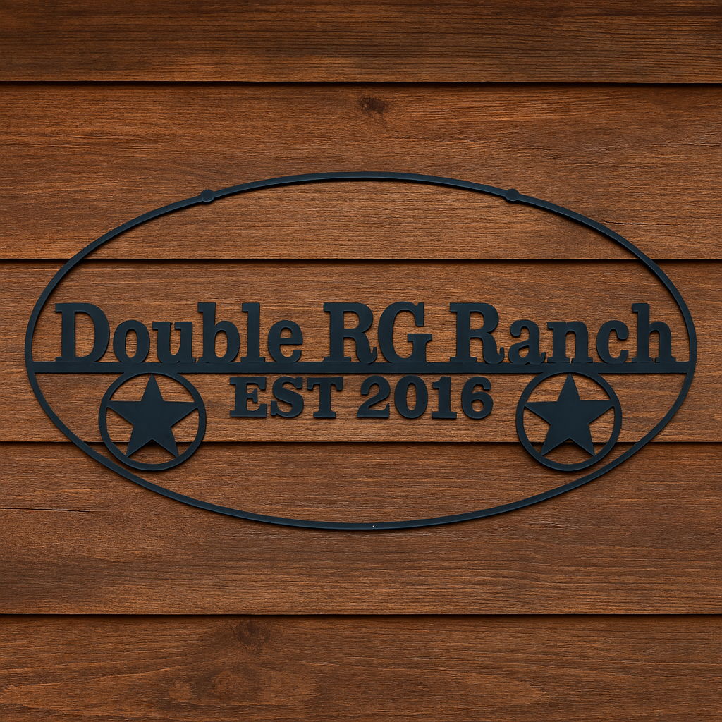 Metal sign with 'Double RG Ranch EST 2016' on a wooden background