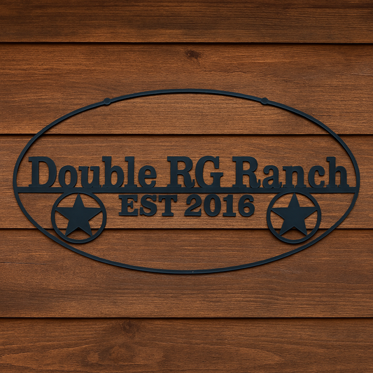 Metal sign with 'Double RG Ranch EST 2016' on a wooden background