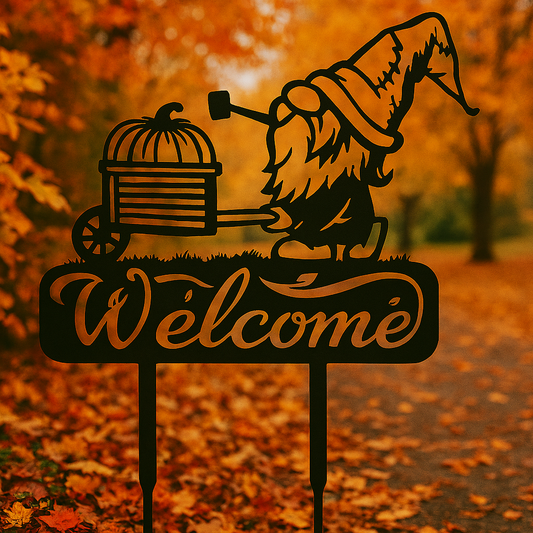 Whimsical Gnome Welcome Sign with Wheelbarrow and Pumkin - Garden Greetings (C91)