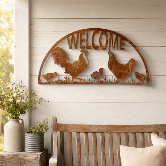 Rooster hen and chicks welcome metal sign displayed on a farmhouse porch