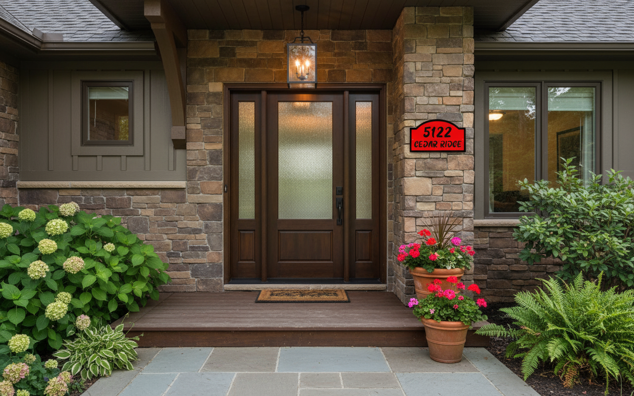 Address sign mounted by front door
