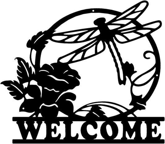 Metal dragonfly welcome personalized sign with flower (B75)