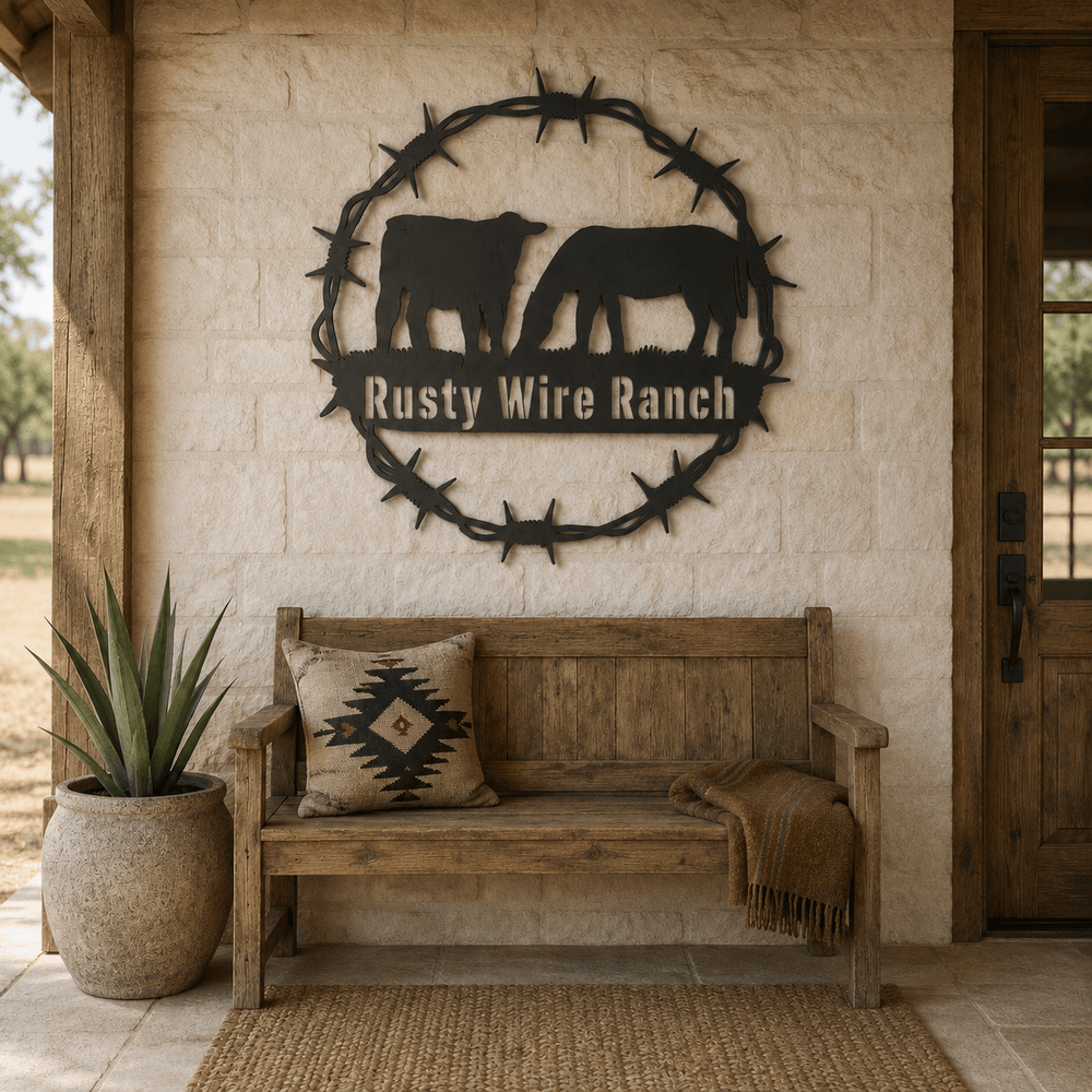 Rusty Rooster Fabrication & Design Home Decor Personalized Cow & Horse Ranch Sign – Barbed Wire Metal Wall Art (B80)