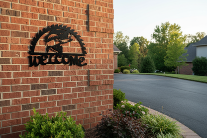 Bass fish welcome sign on brick wall by driveway