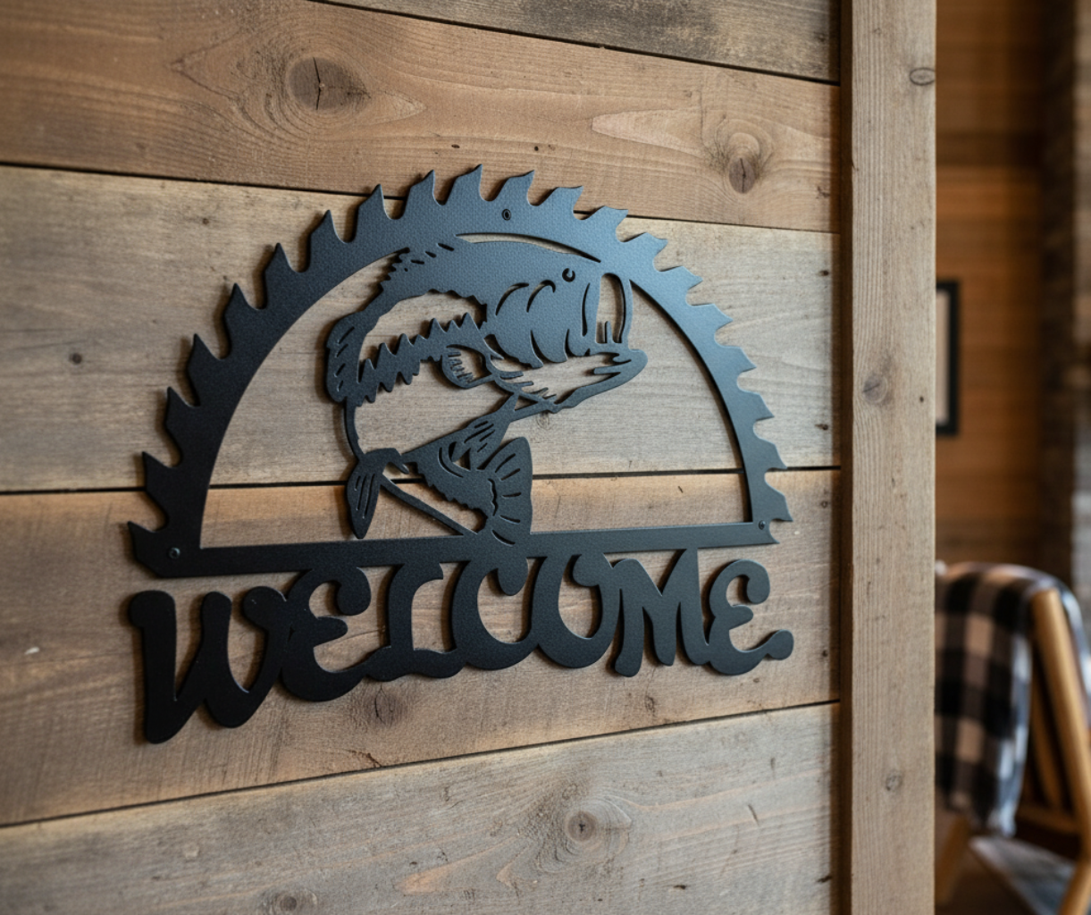 Bass fish welcome sign on wooden wall