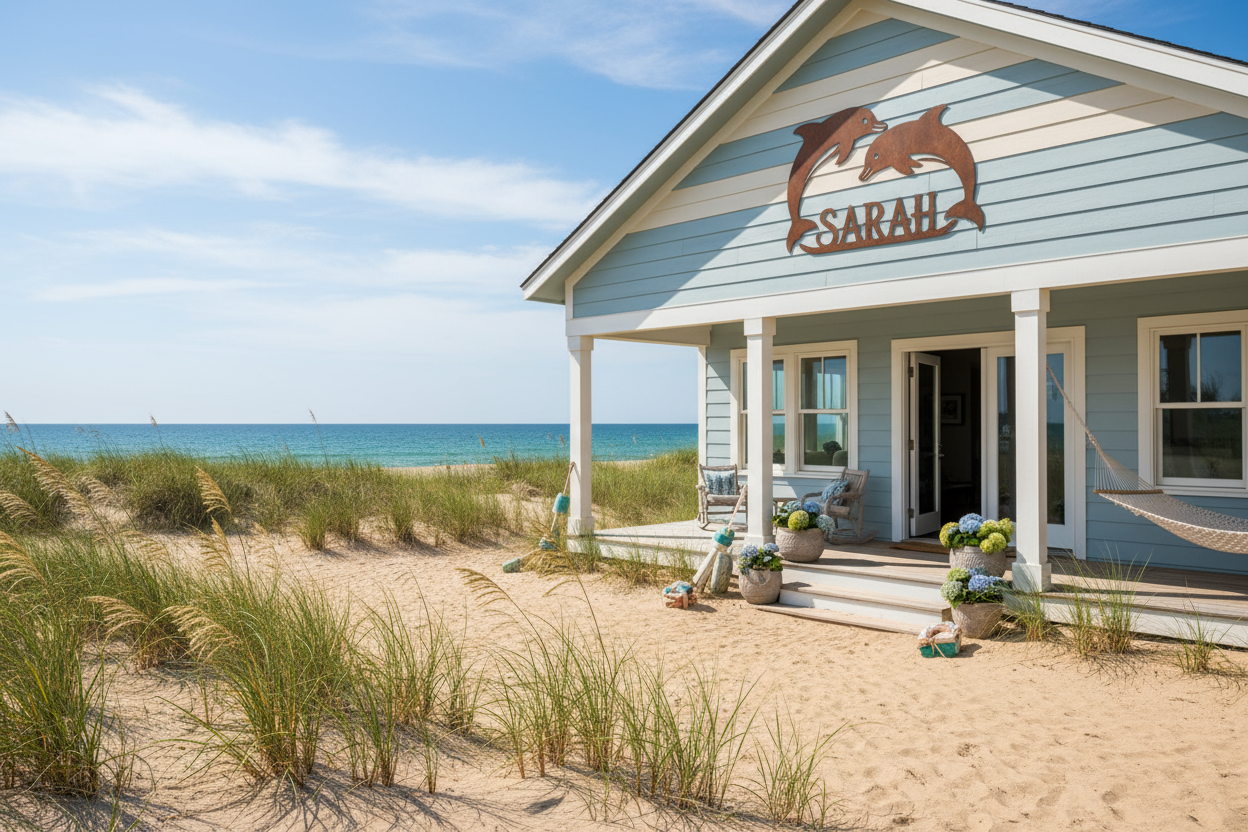 Beach house with dolphin metal sign