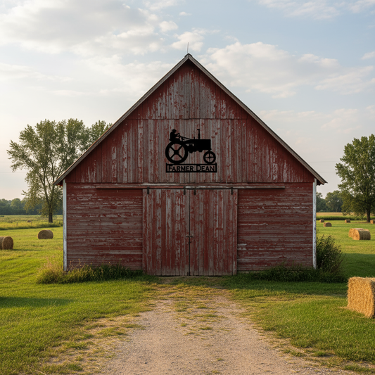 Black farmer on tractor metal sign on barn