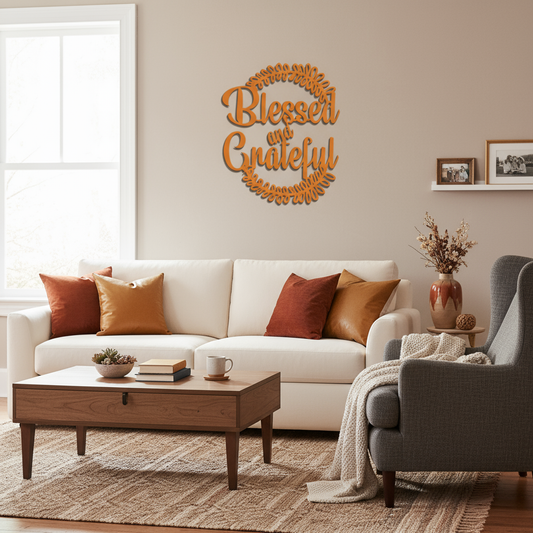 Blessed and Grateful wall art in living room
