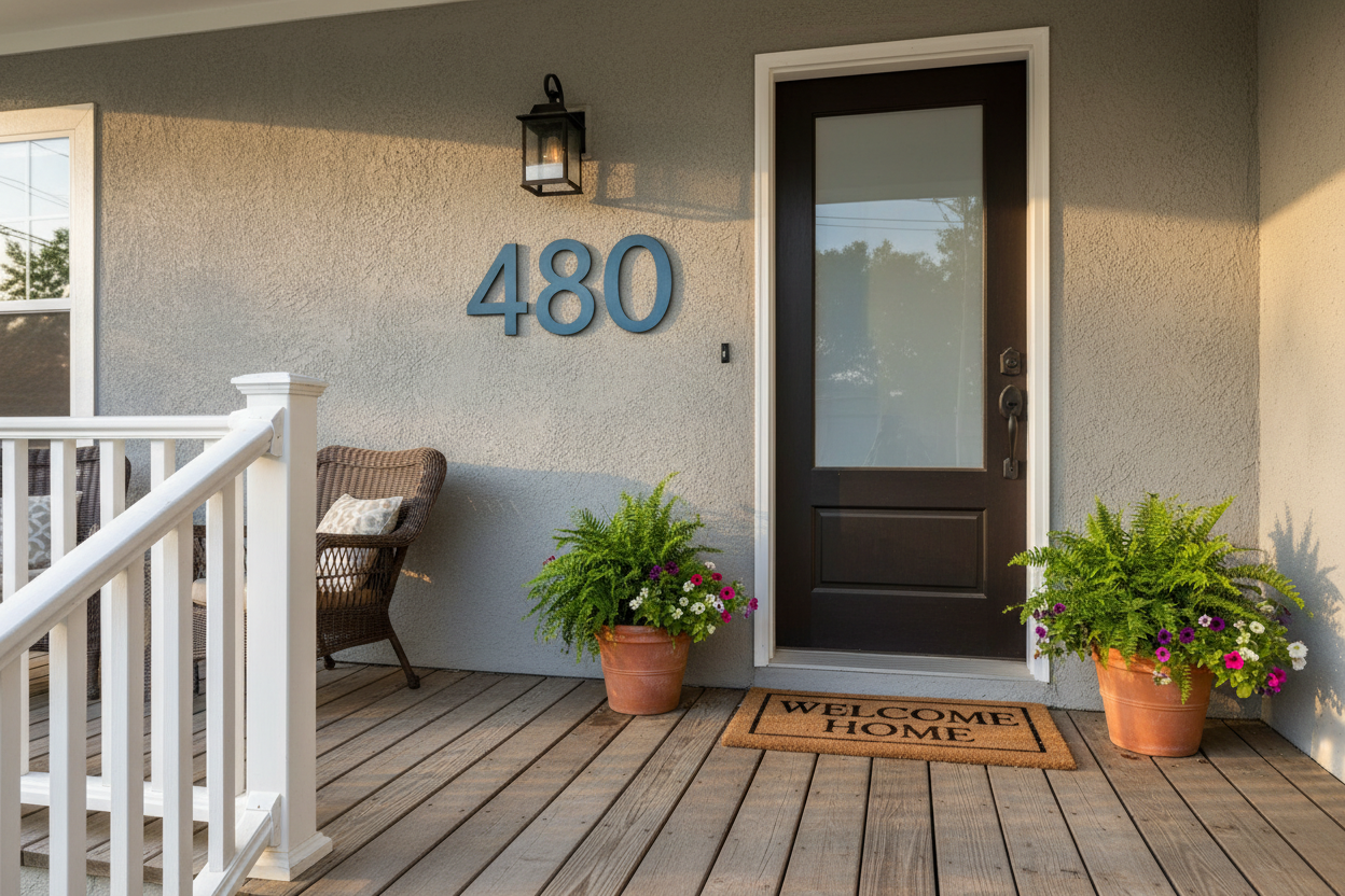 Blue house numbers on front porch