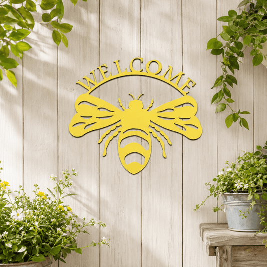 Yellow Bumble Bee Welcome Metal Sign (N) displayed on a garden porch