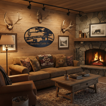 Burnette Cattle Co. sign on lodge wall behind couch