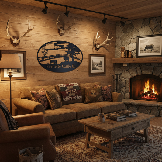 Burnette Cattle Co. sign on lodge wall behind couch