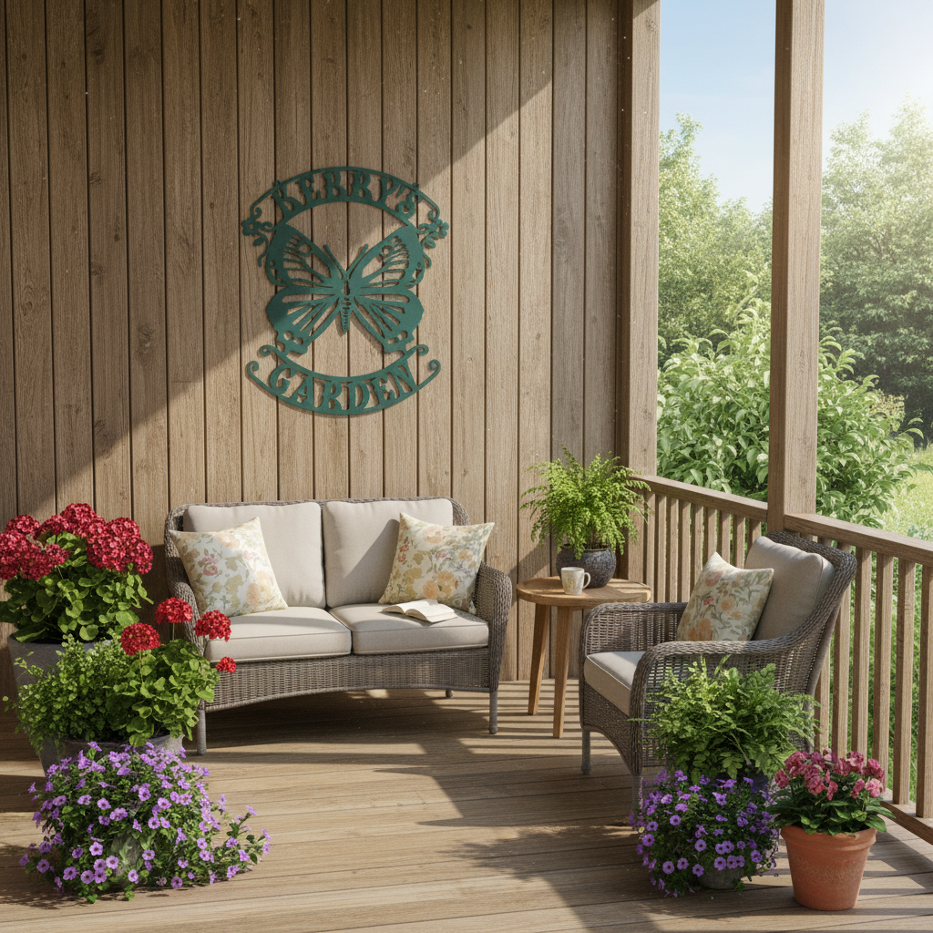 Butterfly garden sign on back porch