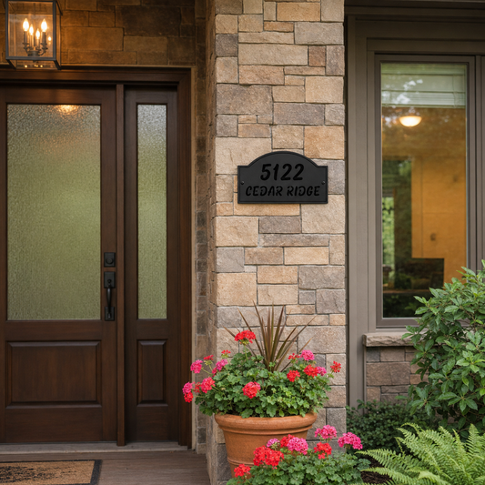 Personalized house number address metal sign on a stone front porch (C53)
