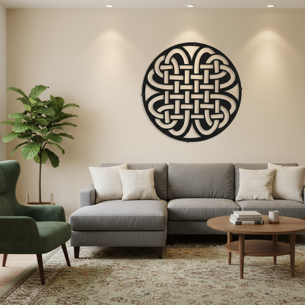 Celtic knot wall art on living room wall