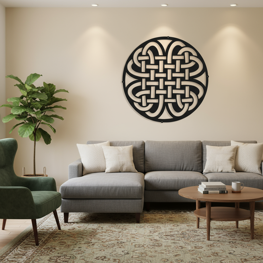 Celtic knot wall art on living room wall