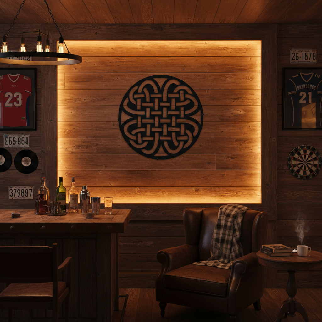 Celtic knot wall art on man cave wall