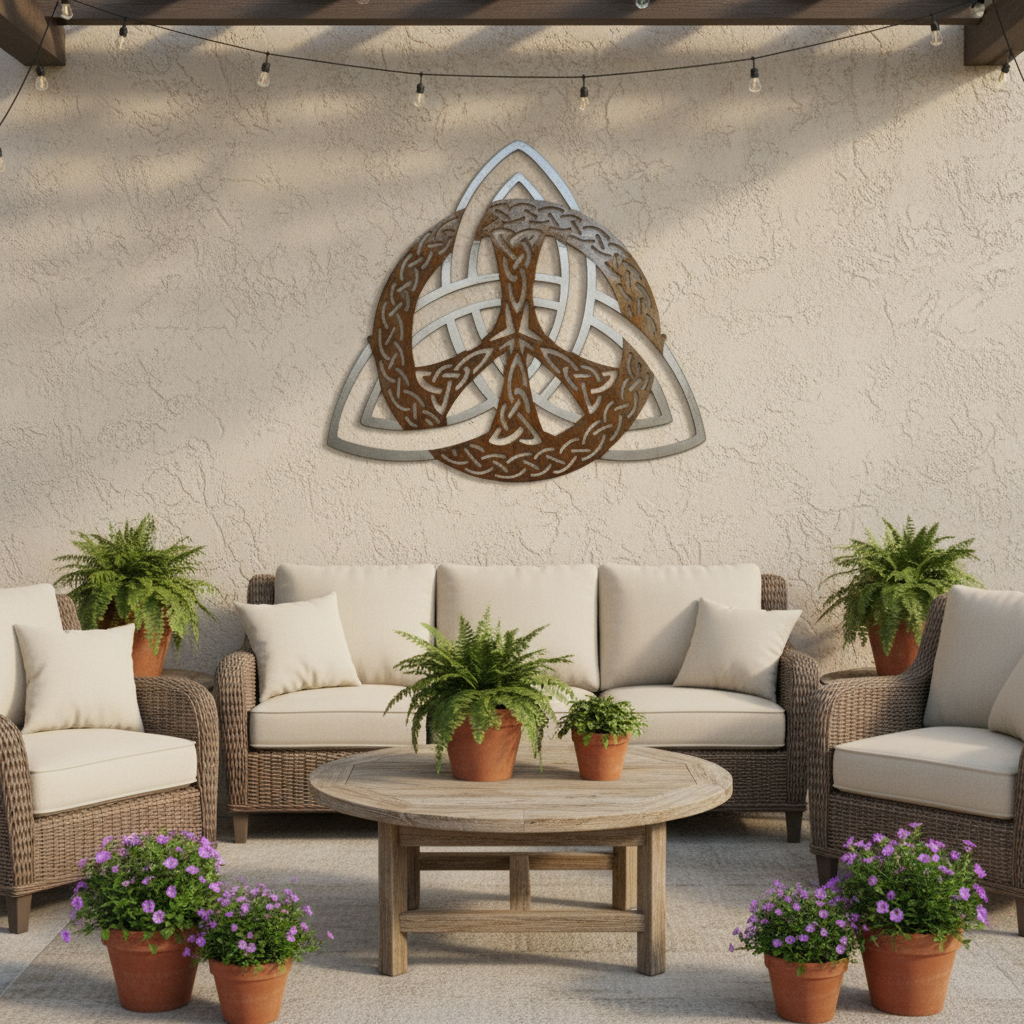 Celtic Trinity Knot wall art on back patio wall