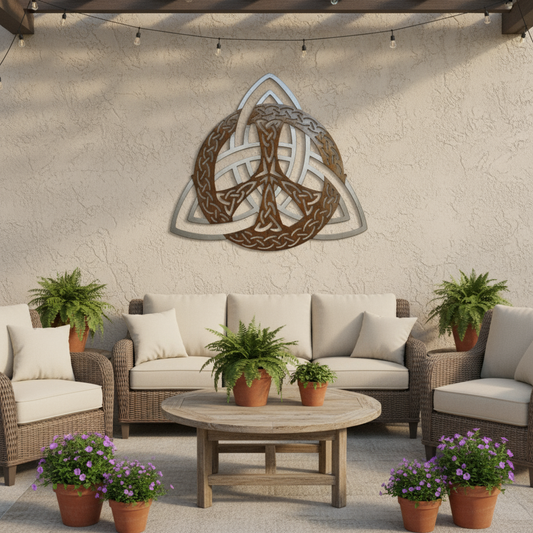 Celtic Trinity Knot wall art on back patio wall