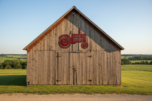 Chad's Shop tractor sign on light brown barn