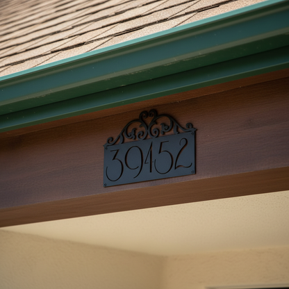 Close-up of address sign on eave