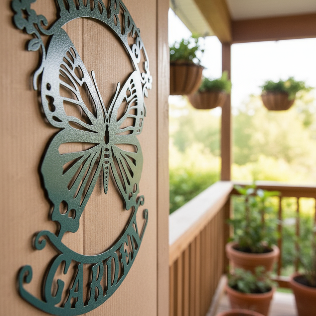 Close-up of butterfly garden sign on porch