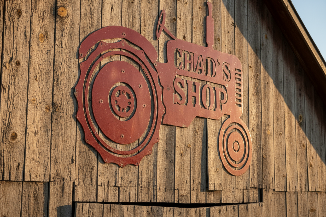 Close-up of Chad's Shop tractor sign on barn