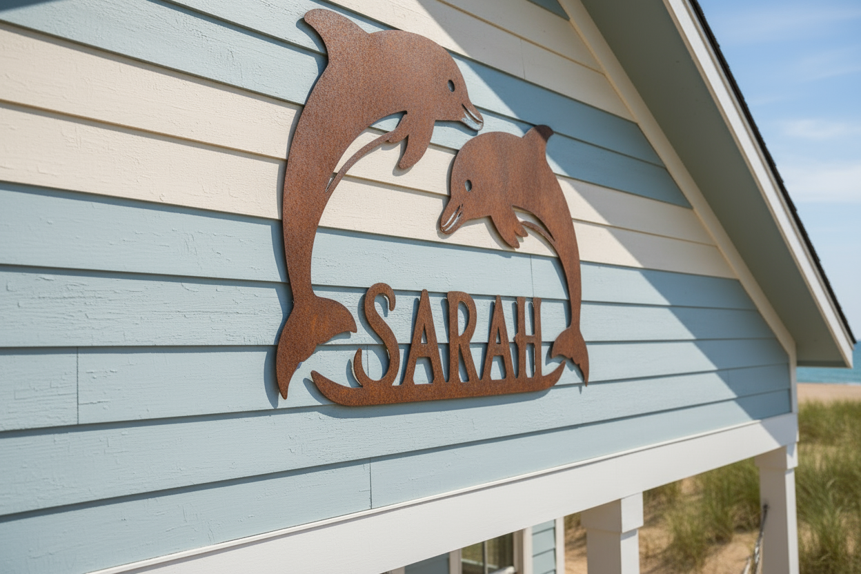 Close-up of dolphin metal sign on beach house