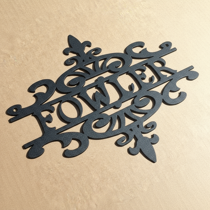 Close-up of fancy scrollwork sign