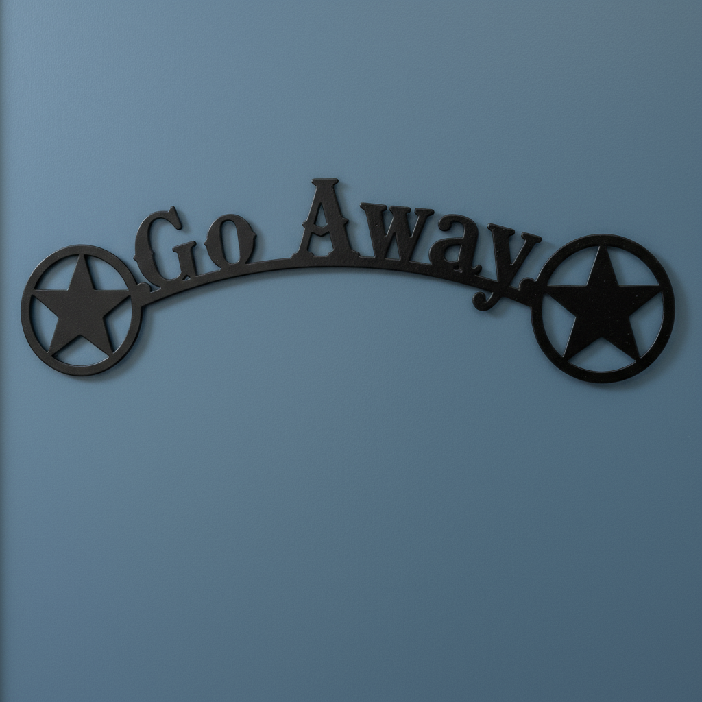 Close-up of Go Away sign on door