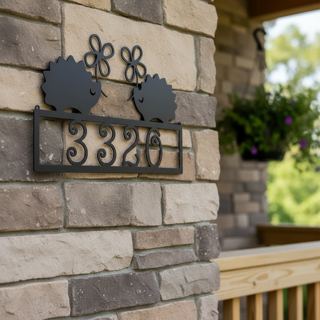 Close-up of metal hedgehog address sign on porch