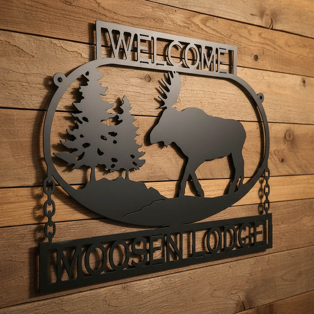 Close-up of Moosenlodge sign on wooden wall