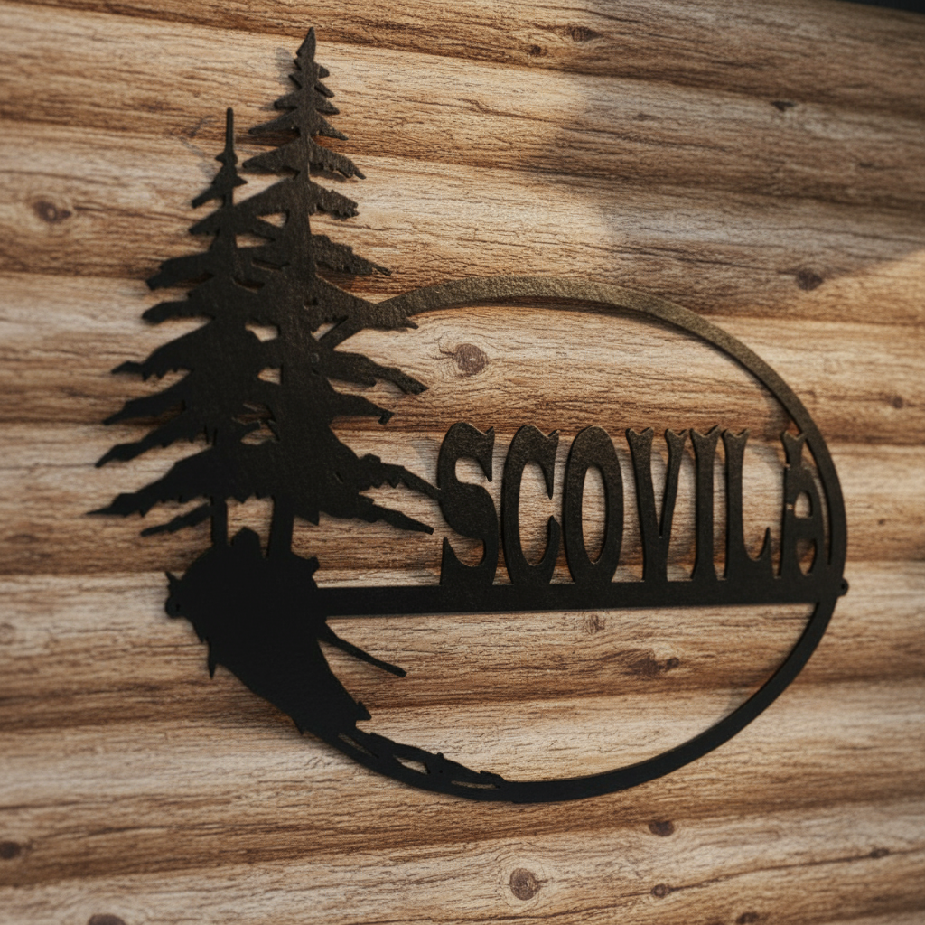 Close-up of SCOVILLA sign on cabin