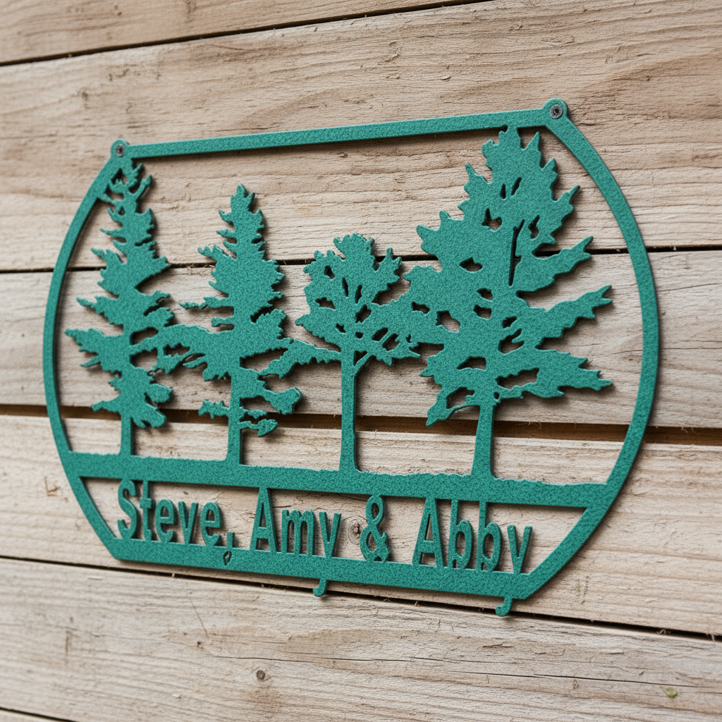 Close-up of Steve, Amy & Abby sign on cabin
