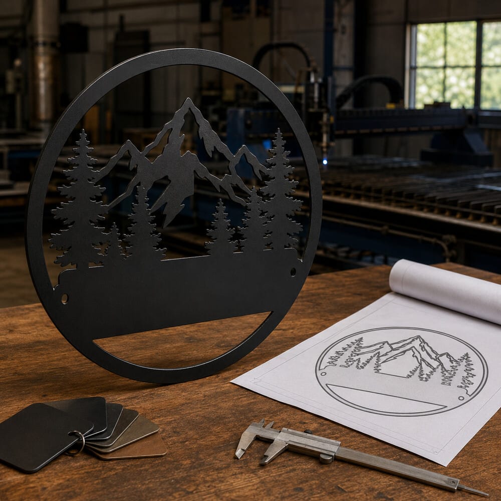 Custom matte black mountain metal sign with design proof in the Rusty Rooster Metal workshop