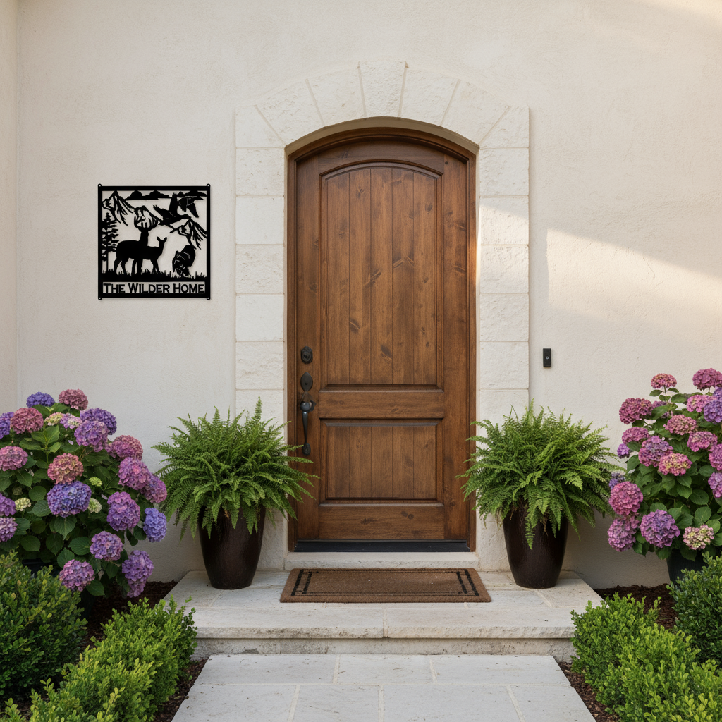 Custom metal wildlife sign by front door