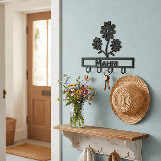 Matte Black personalized flower key holder in an entryway