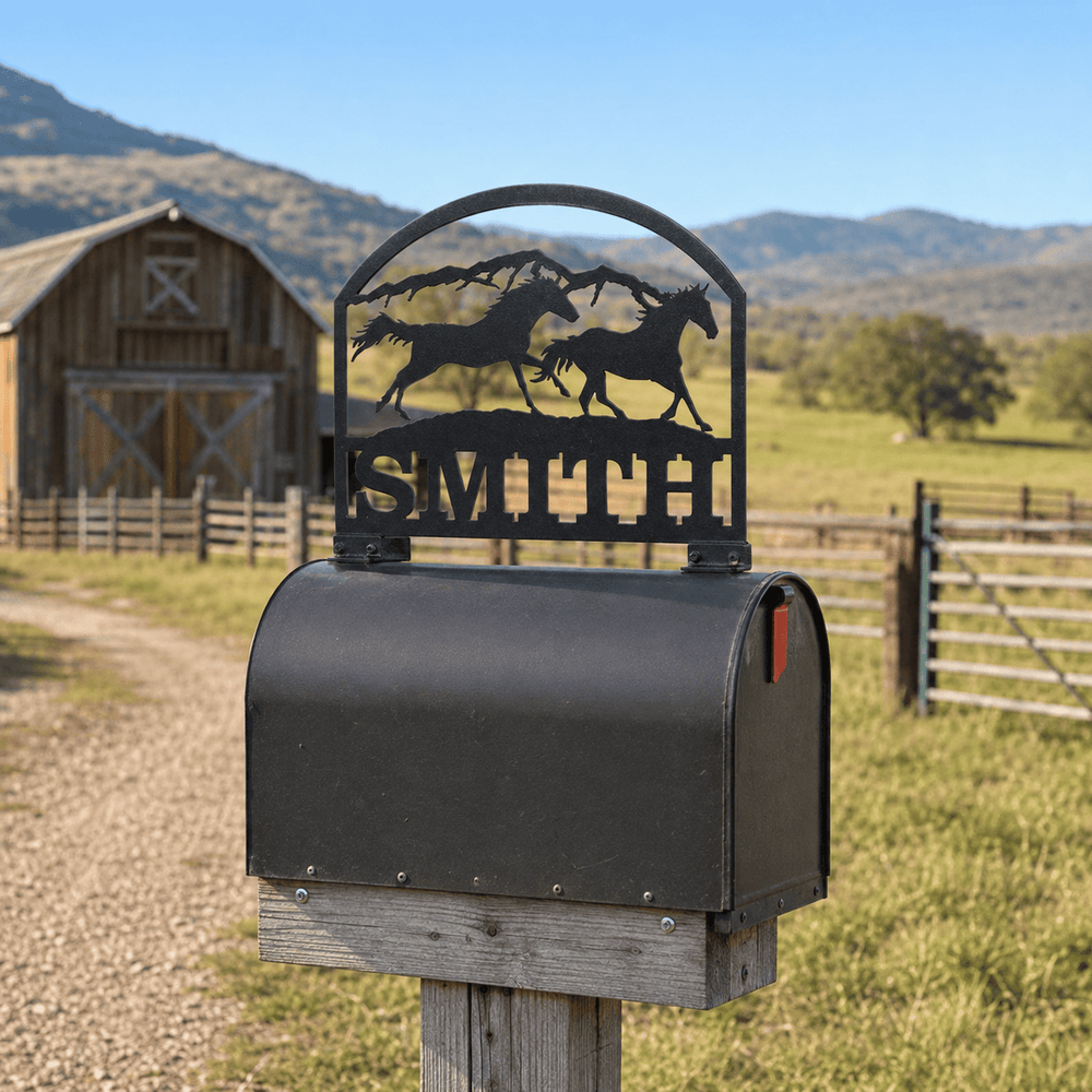 Rusty Rooster Fabrication & Design Personalized Running Horses Metal Mailbox Topper (D38)