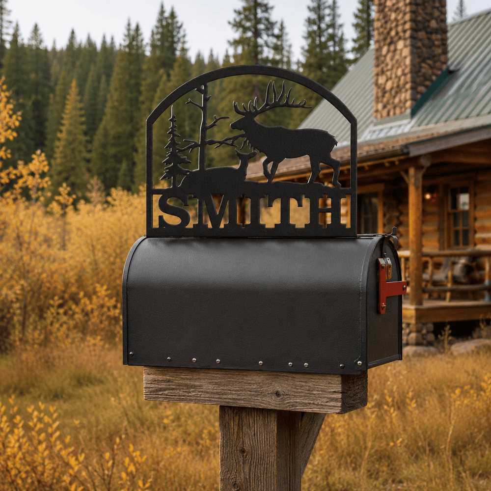 Rusty Rooster Fabrication & Design Physical product Personalized Bull Elk and Doe Metal Mailbox Topper (D39)