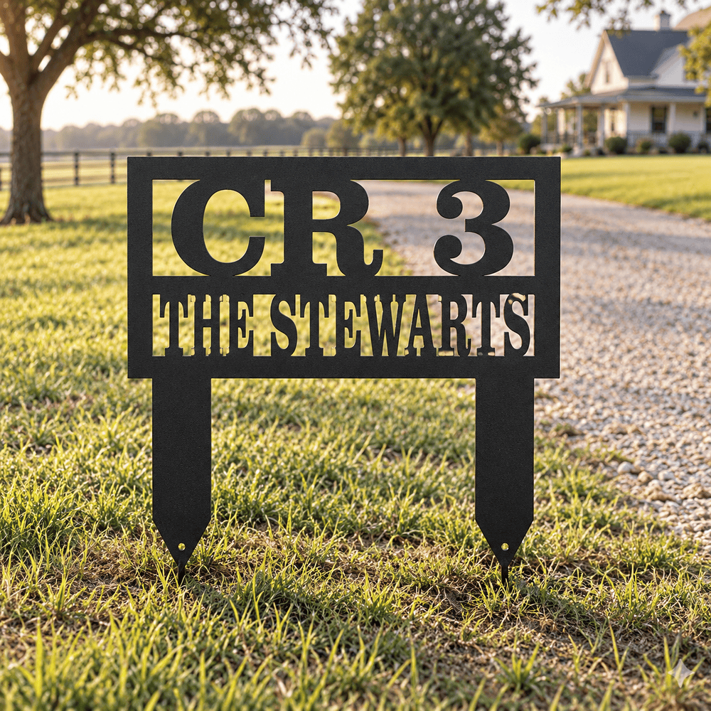 D77 personalized road and family-name sign beside a country driveway