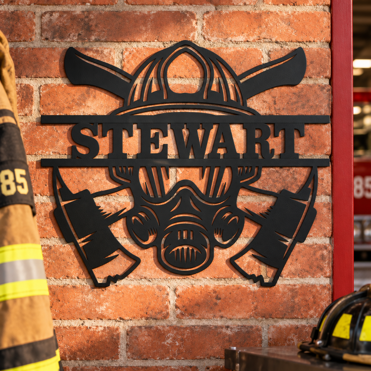 Matte Black personalized STEWART firefighter metal sign on a brick firehouse wall
