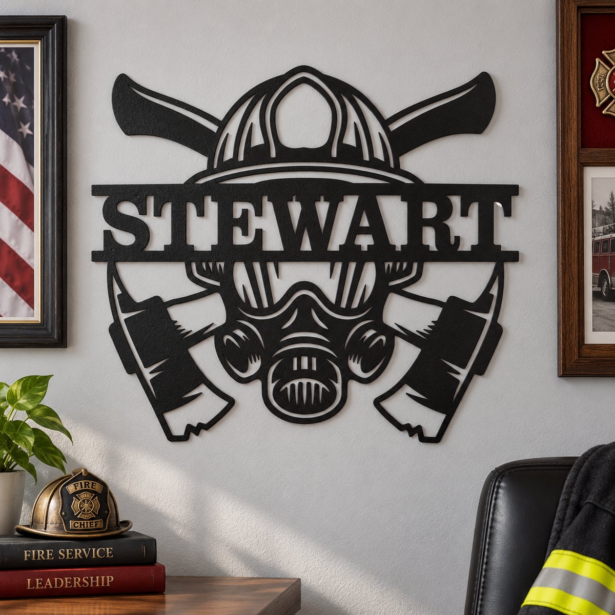 Matte Black personalized STEWART firefighter metal sign in a fire chief office