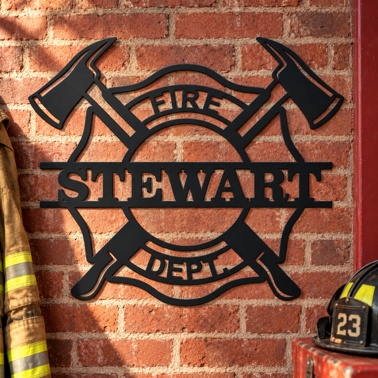 Matte Black personalized STEWART fire department metal sign on a brick firehouse wall