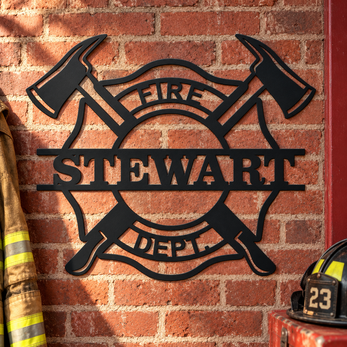 Matte Black personalized STEWART fire department metal sign on a brick firehouse wall