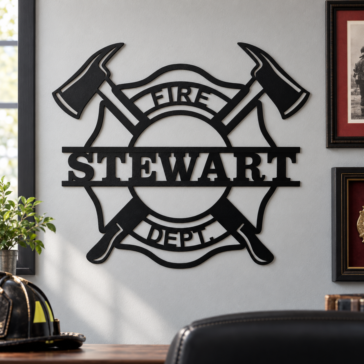 Matte Black personalized STEWART fire department metal sign in a fire chief office