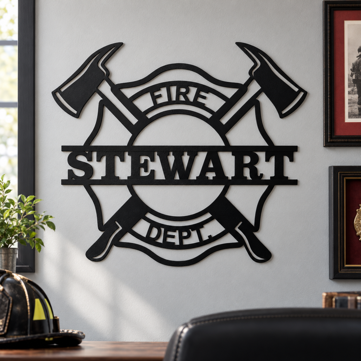 Matte Black personalized STEWART fire department metal sign in a fire chief office
