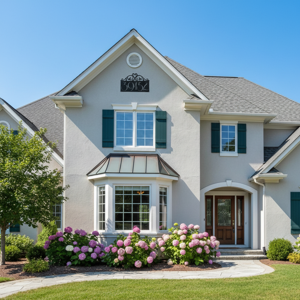 Decorative address sign on house eave
