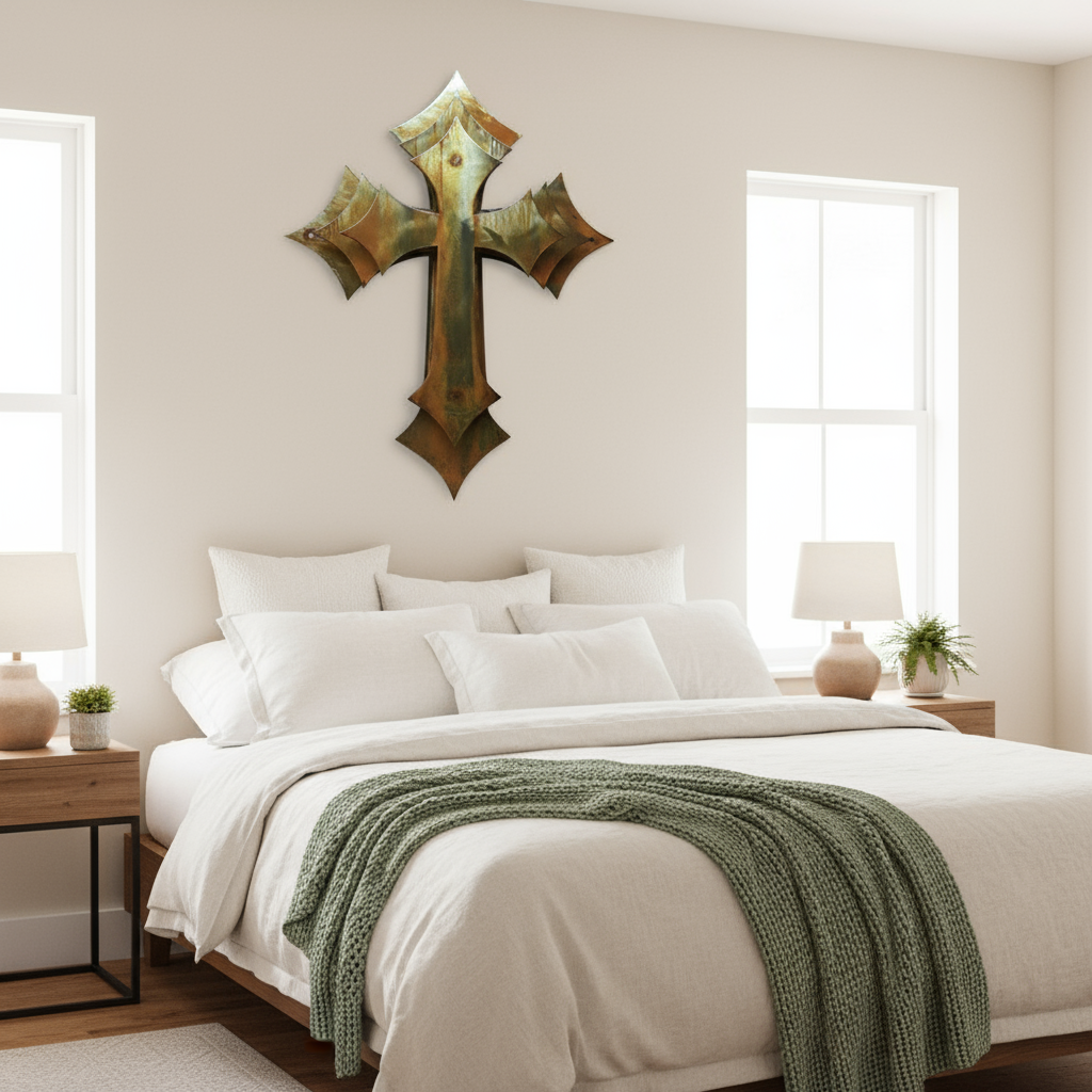 Decorative metal cross on bedroom wall