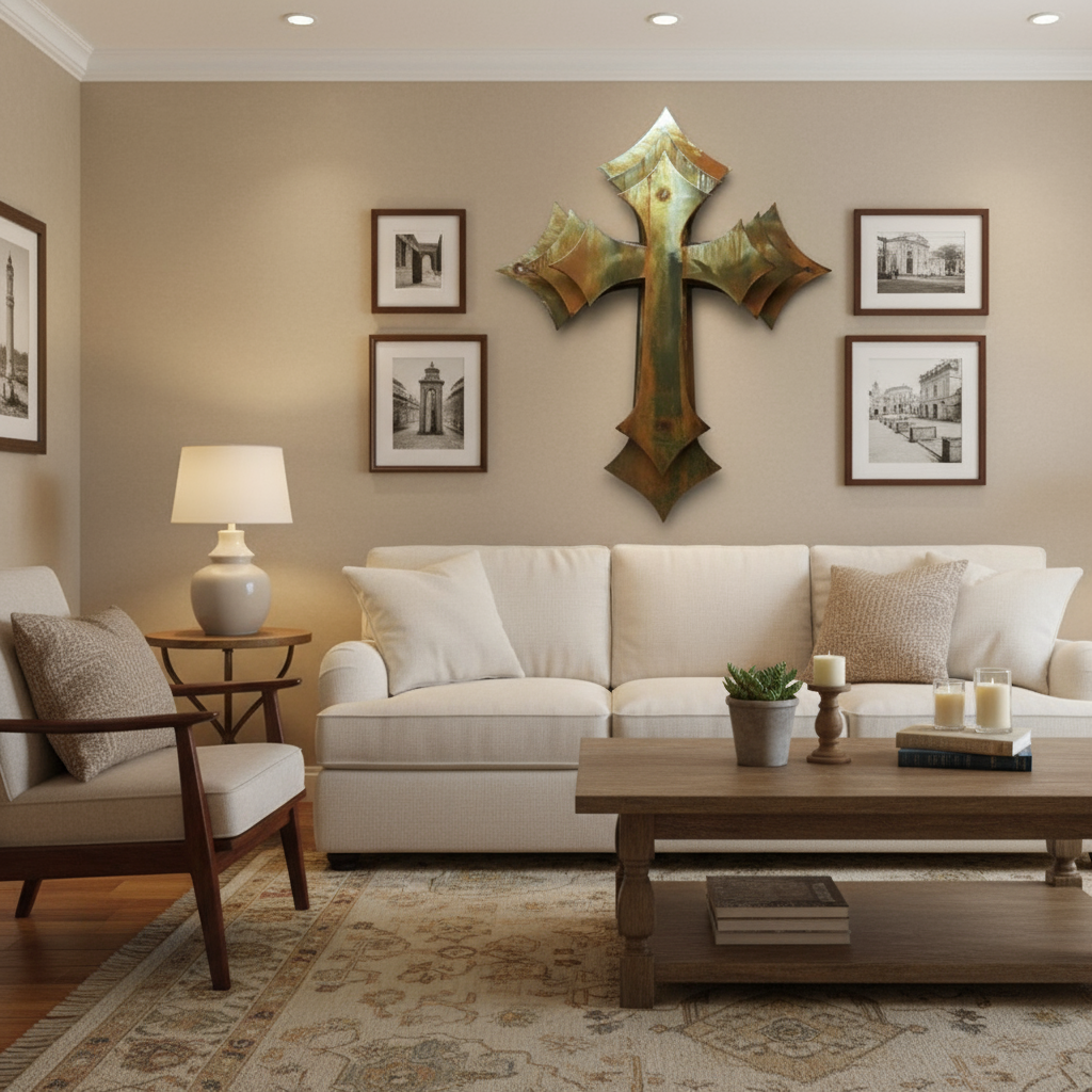Decorative metal cross on living room wall